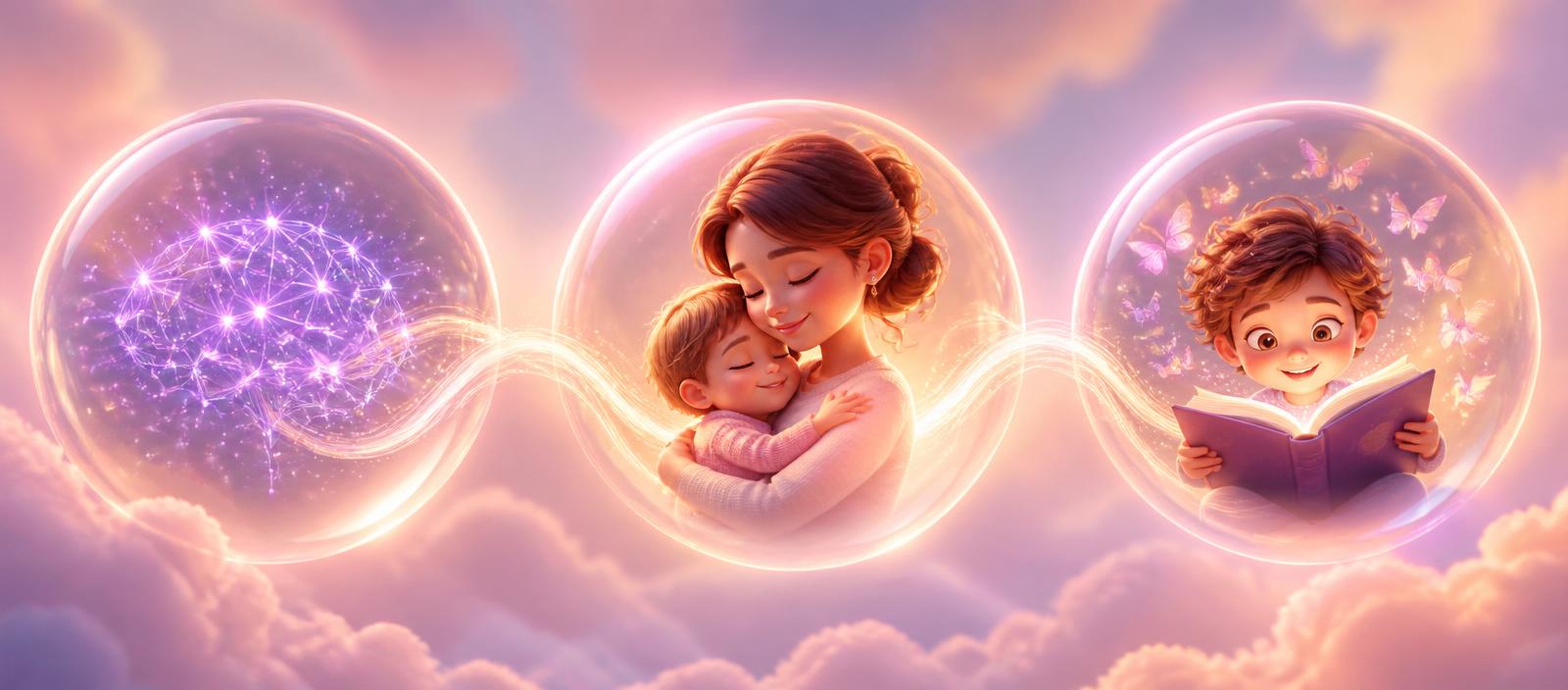 Three glowing bubbles: AI, parents, childhood
